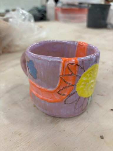 hand built mug, terracotta with colored slip and glaze | love, nina art | ceramics by nina herndon 